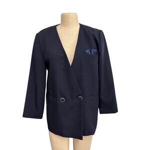 Vintage Hrustemil Ladys Fashion Navy Double-Breasted Blazer Decorative Buttons P